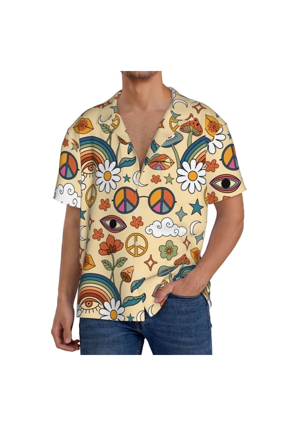 70s Hippie Style Print Men's Button Down Shirts Short Sleeve, Summer Beach Shirts,Vacation Wedding Shirts,Men's Casual Button-Down Shirts with Pocket-X-Large