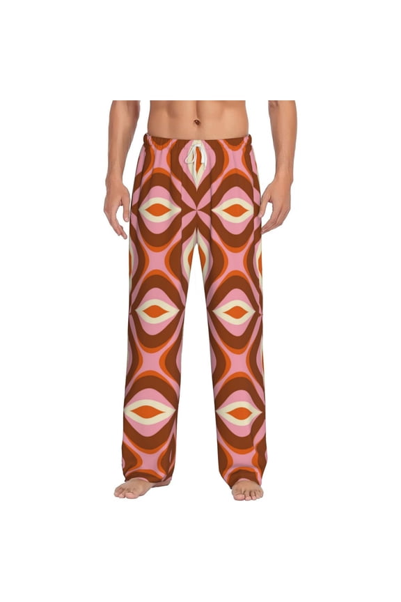 70s Retro Style Print Pajama Pants for Men,Men’s Pajama Bottoms,Mens PJ Pants with Pockets & Button Fly-Small