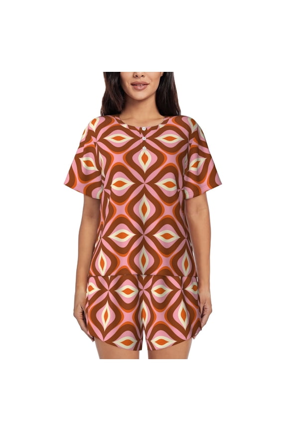 70s Retro Style Print Womens Pajamas Set,Short-Sleeve Pajama 2 Piece Sleepwear with Pockets-XX-Large