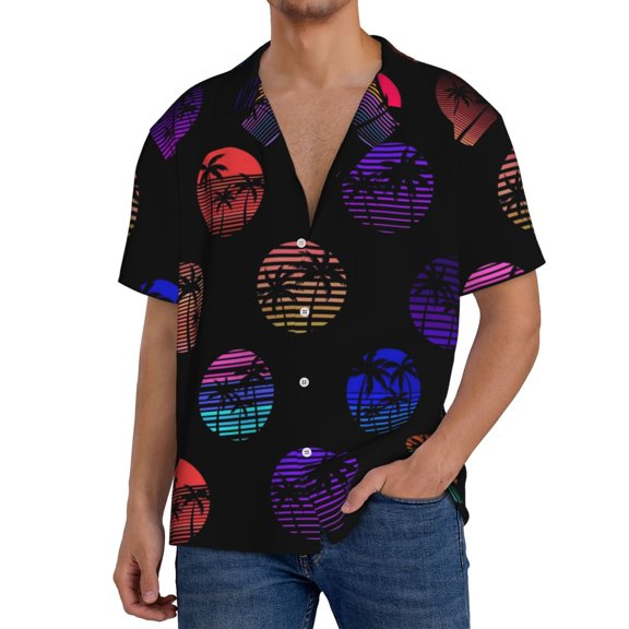 Logiee 80s Style Palm Trees Print Men's Button Down Shirts Short Sleeve, Summer Beach Shirts,Vacation Wedding Shirts,Men's Casual Button-Down Shirts with Pocket-Large
