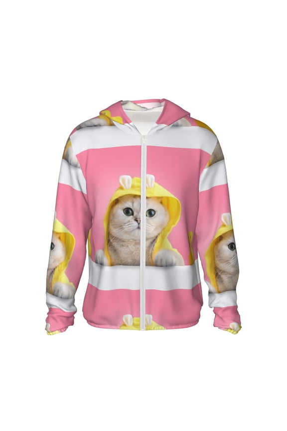 A Funny Cat Print Men's Women Light Jacket Full Zip Sun Protection Hoodie Long Sleeve Sun Shirts for Men Hiking Fishing Zip Pockets-X-Large