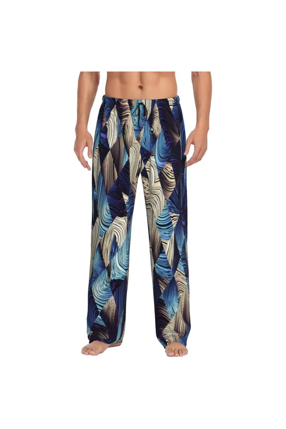 Abstract Blue Squares Print Pajama Pants for Men,Men’s Pajama Bottoms,Mens PJ Pants with Pockets & Button Fly-XX-Large