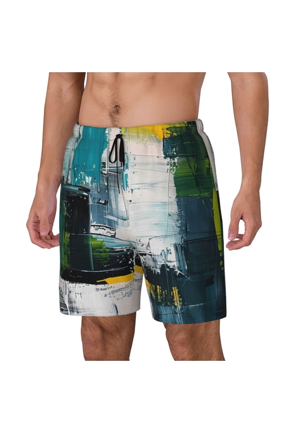 Abstract Brushstrokes Green Blue Print Men's Swim Trunk,Quick Dry Board Shorts ,Men's Swim Trunks with Compression Liner, Bathing Suits with Pockets-XX-Large