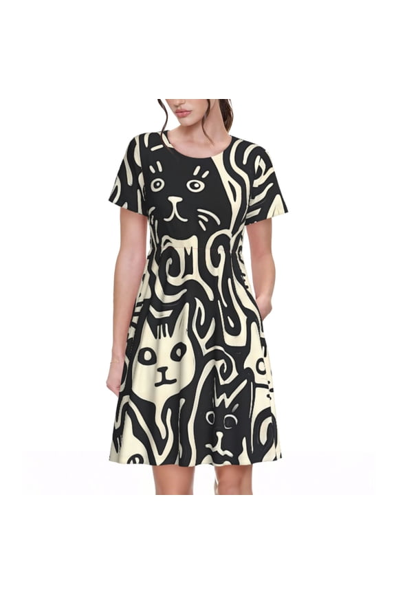 Abstract Cat Faces Pattern Print Womens Summer Dress,Casual Short Sleeve Sundresses,Beach A-line Shift Dress with Pockets