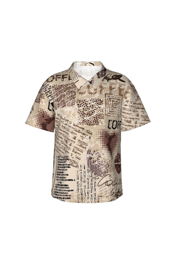 Abstract Coffee Pattern With Letters Print Mens Hawaiian Shirts,Loose-Fit Short Sleeve Button Down Tropical Aloha Beach Shirt,Summer Vacation Wedding Tops,Medium