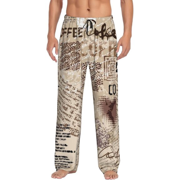 Logiee Abstract Coffee Pattern With Letters Print Pajama Pants for Men,Men’s Pajama Bottoms,Mens PJ Pants with Pockets & Button Fly-Large