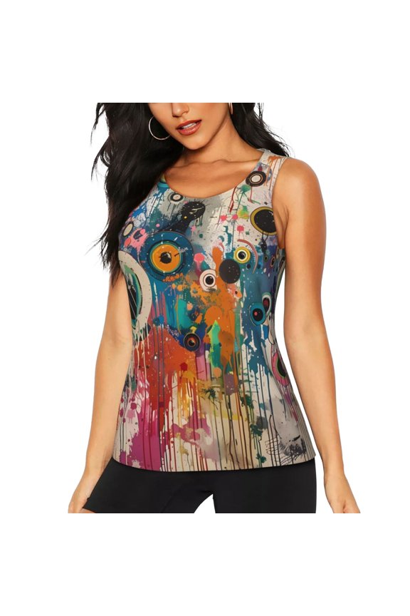 Abstract Colorful Dripping Circles Print Women's Workout Tank Top, Dry Fit Summer Tank Top,Gym Yoga Workout Sports Tee,Sleeveless Athletic Shirts-Small