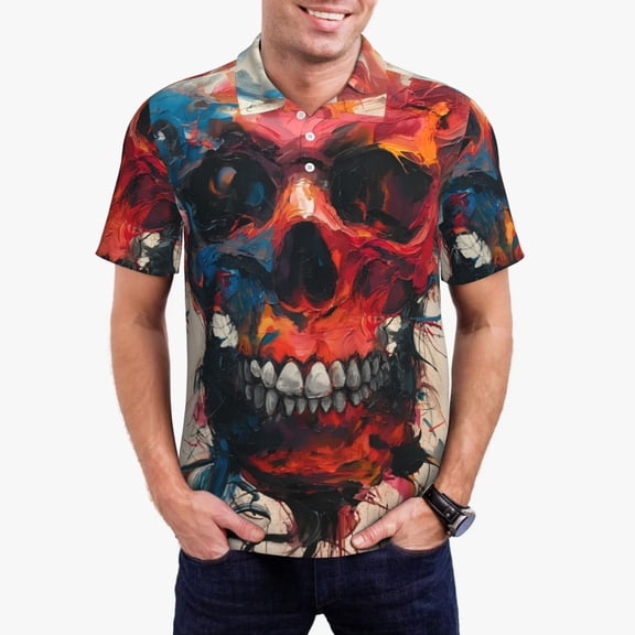 Logiee Abstract Colorful Skull Art Print Mens Polo Shirts,Mens Golf Polo Shirts,Short Sleeve Casual Polo Shirts for Men,Summer Fashion Beach Shirts-Large