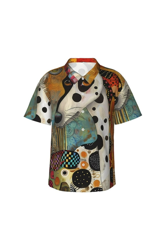 Abstract Dalmatian Art Print Mens Hawaiian Shirts,Loose-Fit Short Sleeve Button Down Tropical Aloha Beach Shirt,Summer Vacation Wedding Tops,Small