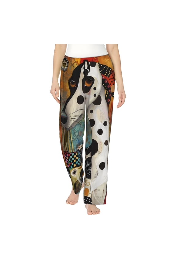Abstract Dalmatian Art Print Women Pajama Pants,Comfy Pj Bottom with Pockets & Drawstring,Stretch Casual Sleepwear-Medium