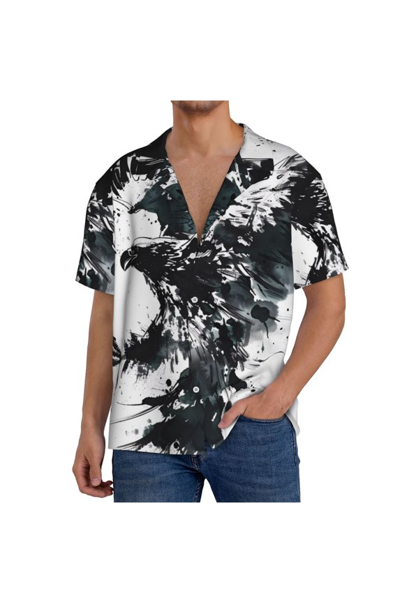 Abstract Eagle Ink Print Men's Button Down Shirts Short Sleeve, Summer Beach Shirts,Vacation Wedding Shirts,Men's Casual Button-Down Shirts with Pocket-XX-Large