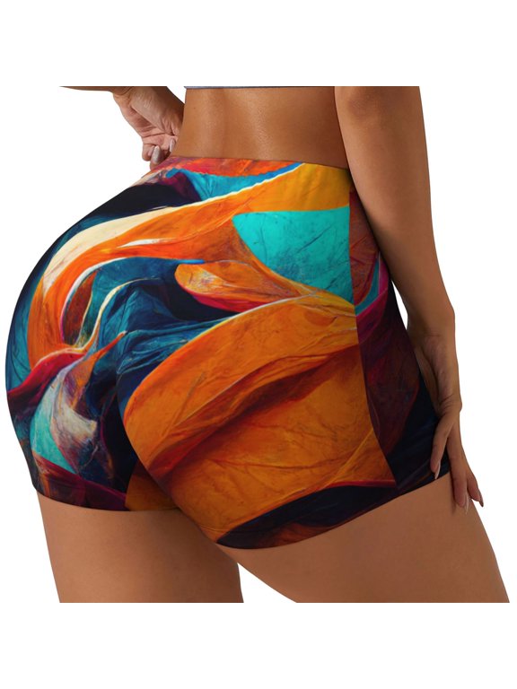 Abstract Fabric Color Waves Print Women's Biker Shorts,Workout Gym Shorts,Scrunch Shorts,Tummy Control Hidden Scrunch Running Yoga Shorts-Large