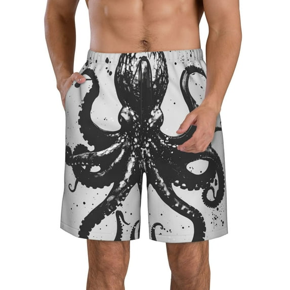 Logiee Abstract Ink Octopus Print Mens Swim Trunks Quick Dry Board Shorts,Breathable Hawaii Beach Shorts Swimwear Bathing Suits-Large