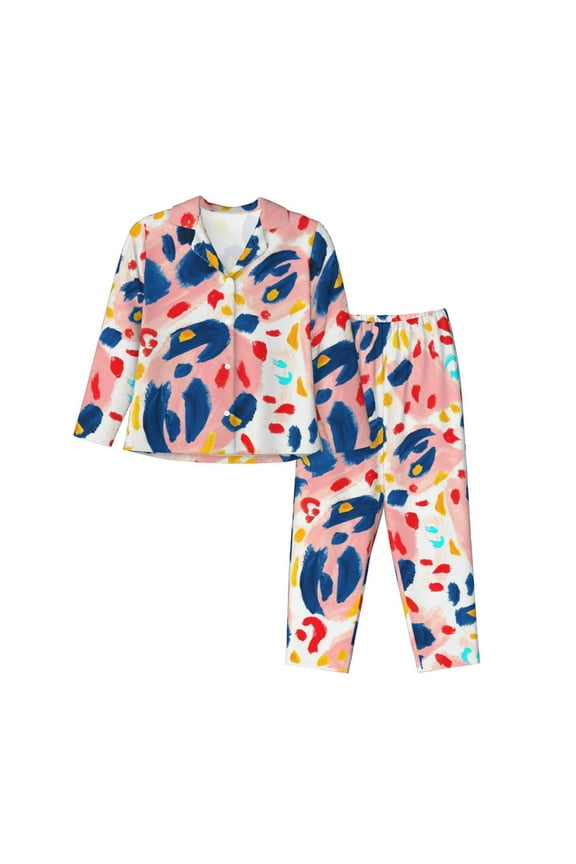 Abstract Leopard Print Print Womens Pajamas Set,Long Sleeve Sleepwear,Button Down Lounge Set 2 Pieces,Soft Nightwear Pjs Set-Medium