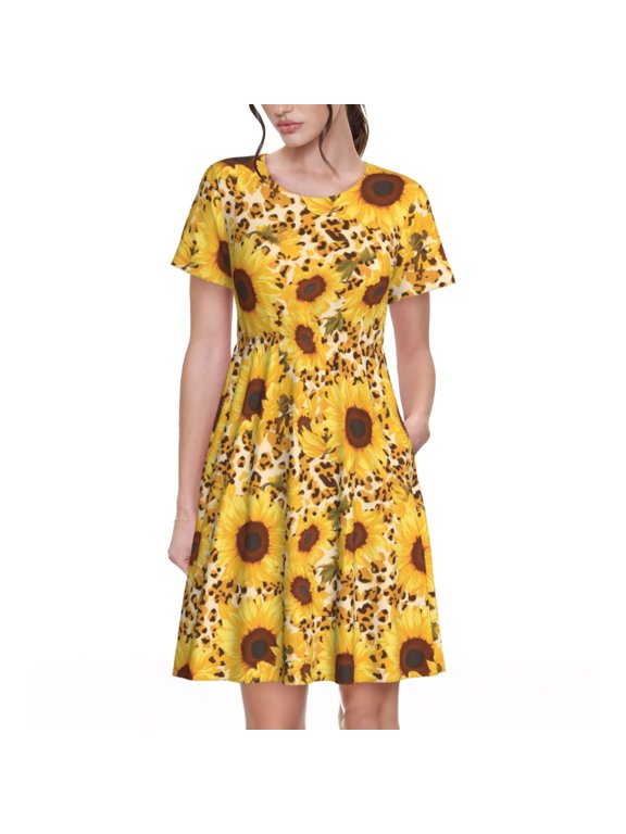 Abstract Leopard Print Sunflower Print Womens Summer Dress,Casual Short Sleeve Sundresses,Beach A-line Shift Dress with Pockets