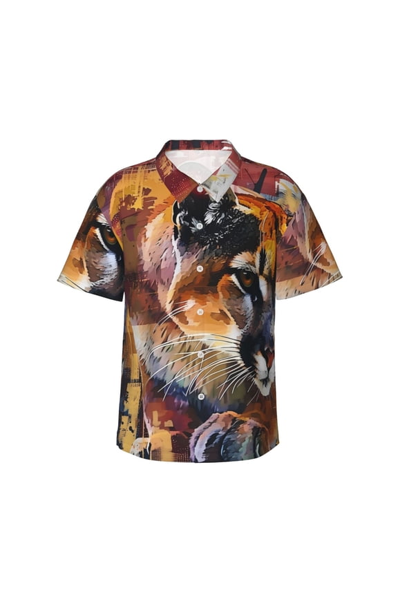 Abstract Lion Painting Print Mens Hawaiian Shirts,Loose-Fit Short Sleeve Button Down Tropical Aloha Beach Shirt,Summer Vacation Wedding Tops,Medium