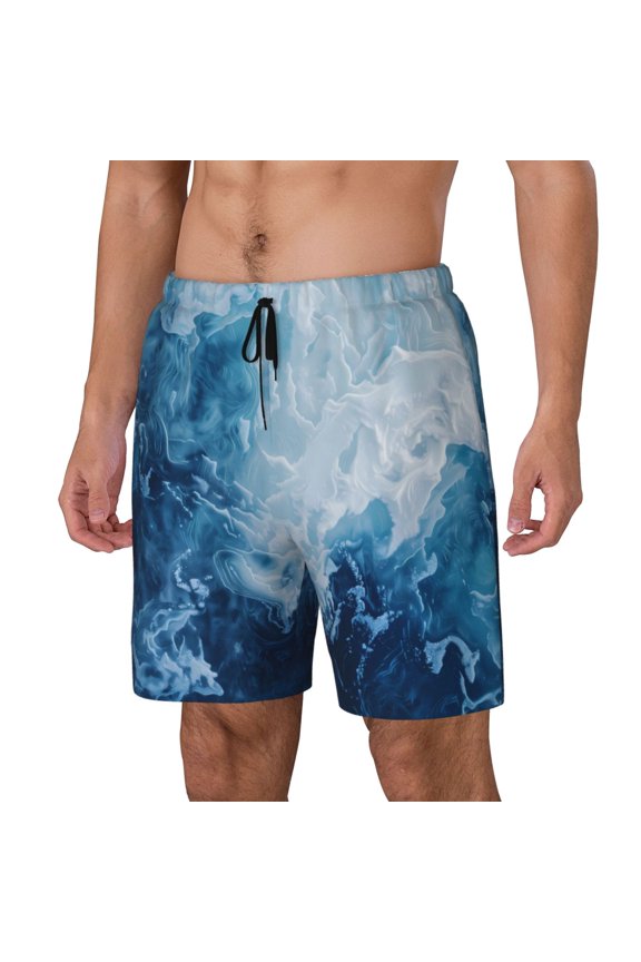 Abstract Ocean Waves Print Men's Swim Trunk,Quick Dry Board Shorts ,Men's Swim Trunks with Compression Liner, Bathing Suits with Pockets-Small