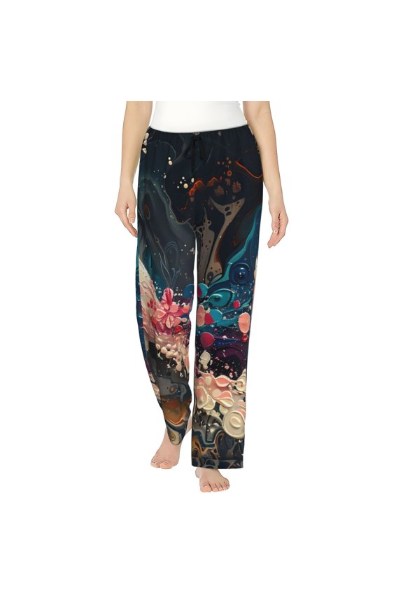 Abstract Peacock Painting Print Women Pajama Pants,Comfy Pj Bottom with Pockets & Drawstring,Stretch Casual Sleepwear-Medium