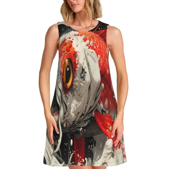 Logiee Abstract Red Koi Fish Art Print Summer Dresses for Women,Beach Sleeveless Flowy Pocket Tshirt Tank Sundresses,Women's Sleeveless Dress