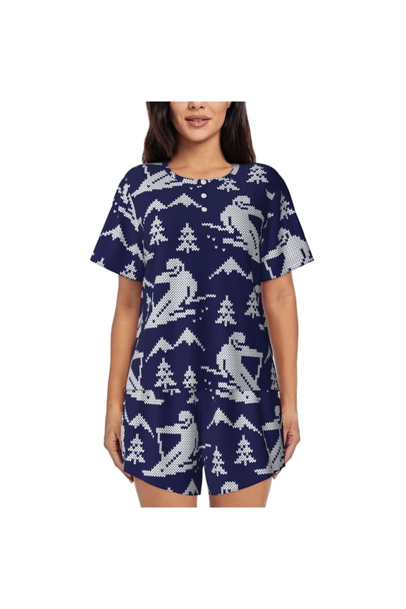 Abstract Skiing Print Womens Pajamas Set,Short-Sleeve Pajama 2 Piece Sleepwear with Pockets-Large