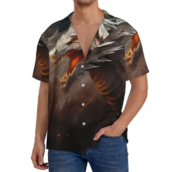 Logiee Abstract White Dragon Print Men's Button Down Shirts Short Sleeve, Summer Beach Shirts,Vacation Wedding Shirts,Men's Casual Button-Down Shirts with Pocket-Small