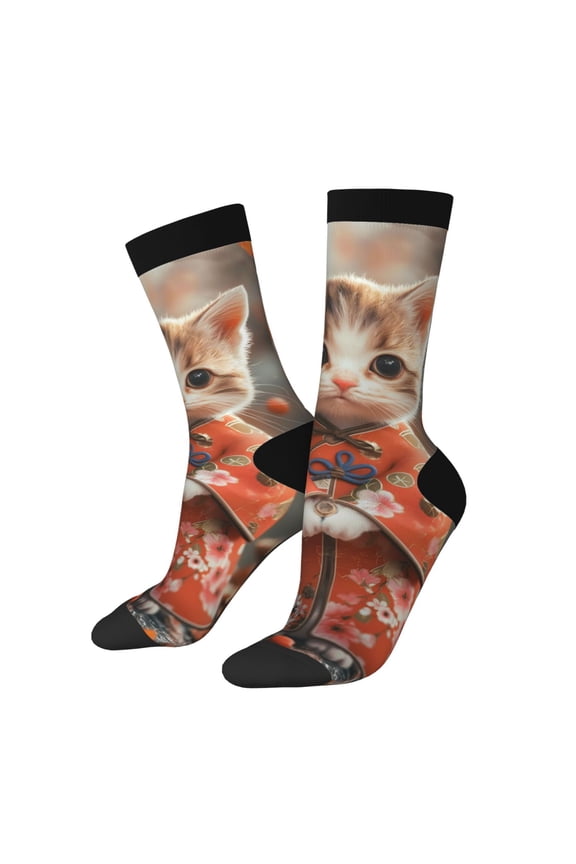 Adorable Kitten In Kimono Print Adult Socks for Men & Women,Calf Socks, Ankle Socks,Boots Socks,Breathable Casual Sock,Unisex Crew Socks