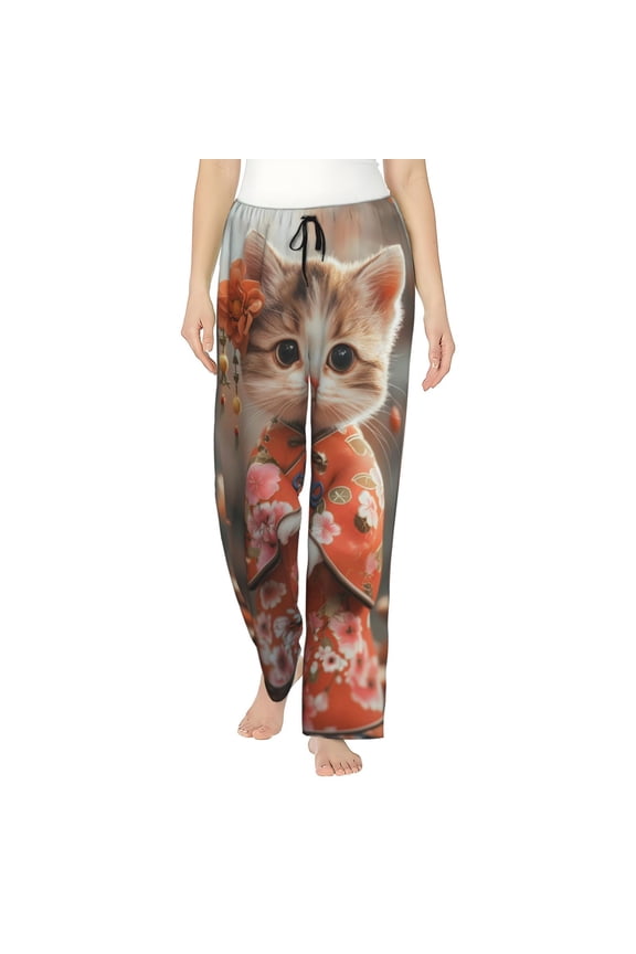 Adorable Kitten In Kimono Print Women Pajama Pants,Comfy Pj Bottom with Pockets & Drawstring,Stretch Casual Sleepwear-Large