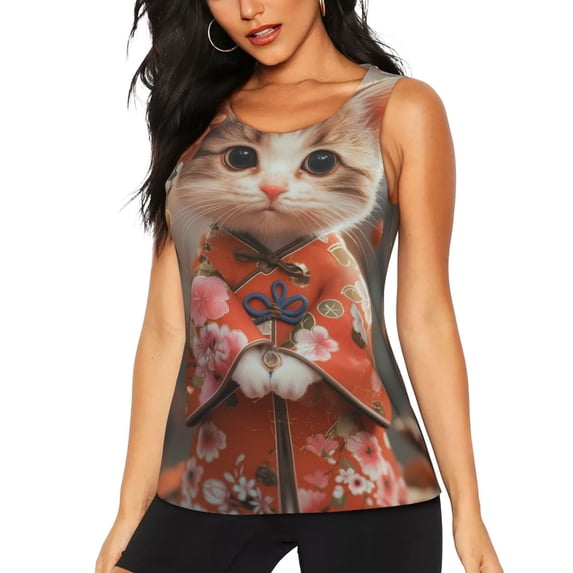 Logiee Adorable Kitten In Kimono Print Women's Workout Tank Top, Dry Fit Summer Tank Top,Gym Yoga Workout Sports Tee,Sleeveless Athletic Shirts-Small