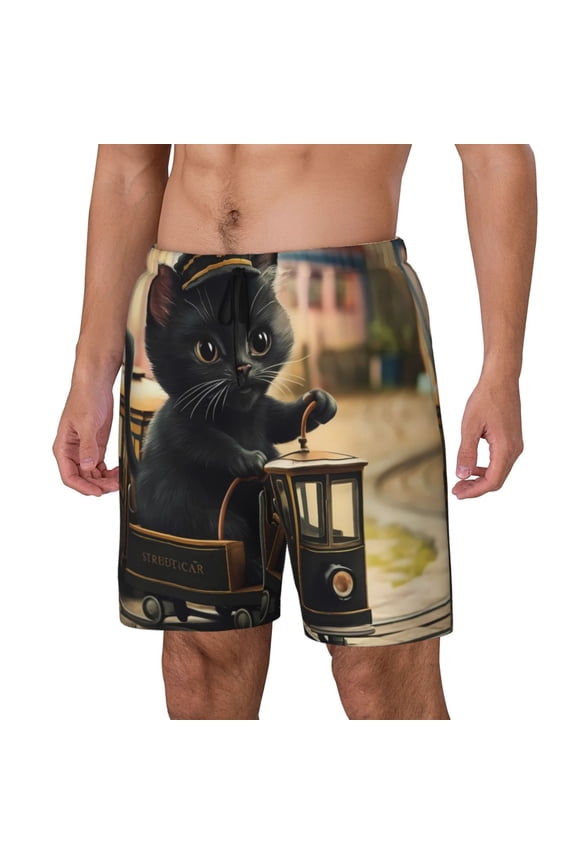 Adorable Kitten On Mini Train Print Men's Swim Trunk,Quick Dry Board Shorts ,Men's Swim Trunks with Compression Liner, Bathing Suits with Pockets-X-Large