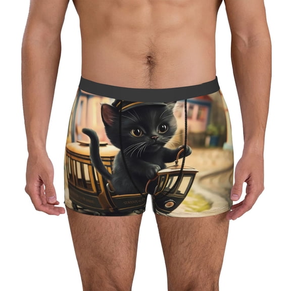 Logiee Adorable Kitten On Mini Train Print Mens Boxer Briefs,Boxer Briefs for Men,Breathable Stretch Underwear,Boys Boxer Briefs-Large