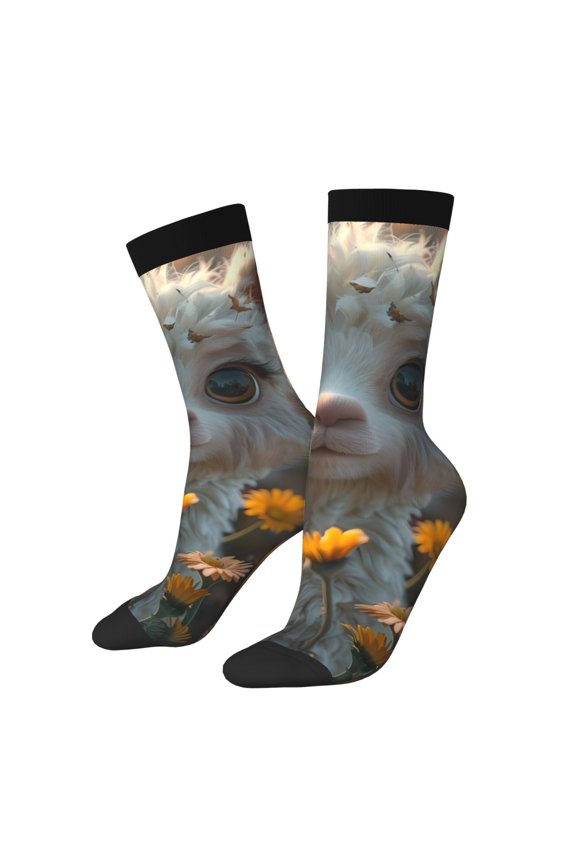 Adorable Llama In Flowers Print Adult Socks for Men & Women,Calf Socks, Ankle Socks,Boots Socks,Breathable Casual Sock,Unisex Crew Socks