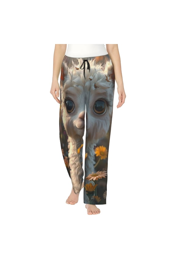 Adorable Llama In Flowers Print Women Pajama Pants,Comfy Pj Bottom with Pockets & Drawstring,Stretch Casual Sleepwear-Small