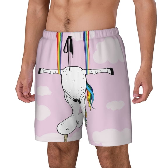 Logiee Aerial Yoga for Unicorn Print Men's Swim Trunk,Quick Dry Board Shorts ,Men's Swim Trunks with Compression Liner, Bathing Suits with Pockets-Large