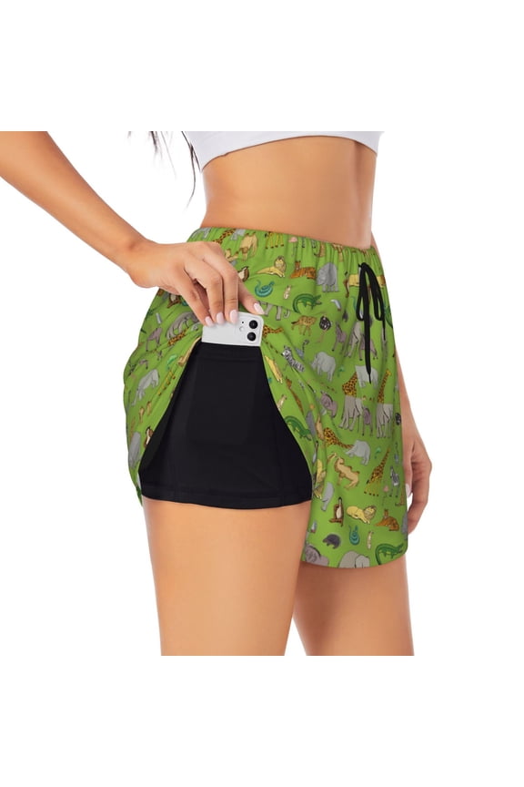 African Animals 1 Print Women 2 in 1 Running Shorts,High Waisted Athletic Shorts,Gym Workout Shorts with Liner Pockets-Medium