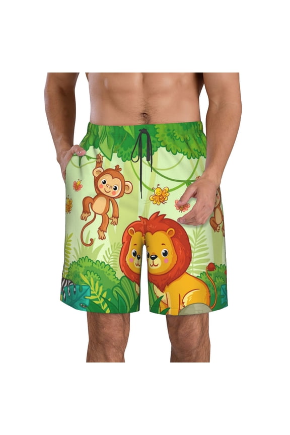 African Animals in the Jungle Print Mens Swim Trunks Quick Dry Board Shorts,Breathable Hawaii Beach Shorts Swimwear Bathing Suits-
