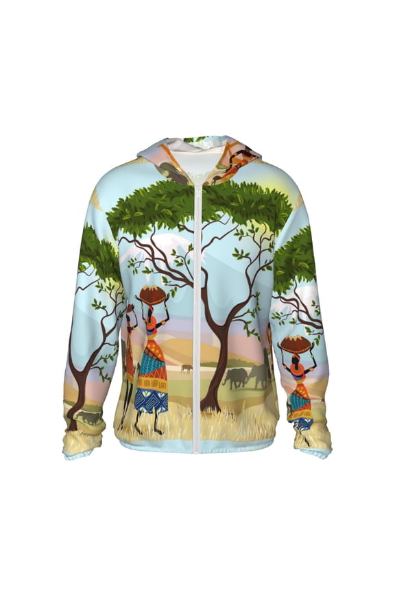 African Women Print Men's Women Light Jacket Full Zip Sun Protection Hoodie Long Sleeve Sun Shirts for Men Hiking Fishing Zip Pockets-Medium