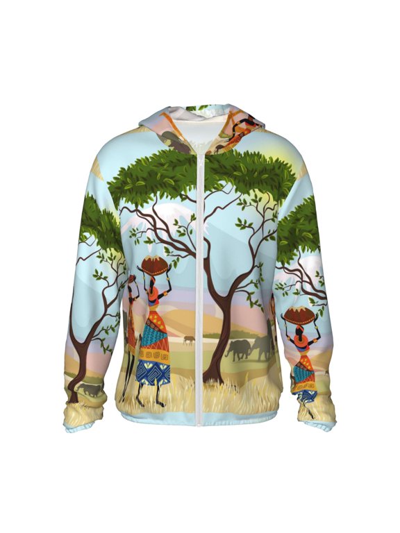 African Women Print Men's Women Light Jacket Full Zip Sun Protection Hoodie Long Sleeve Sun Shirts for Men Hiking Fishing Zip Pockets-Medium
