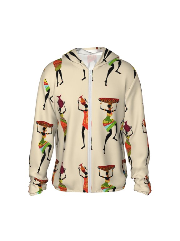 African Women Print Men's Women Light Jacket Full Zip Sun Protection Hoodie Long Sleeve Sun Shirts for Men Hiking Fishing Zip Pockets-X-Large
