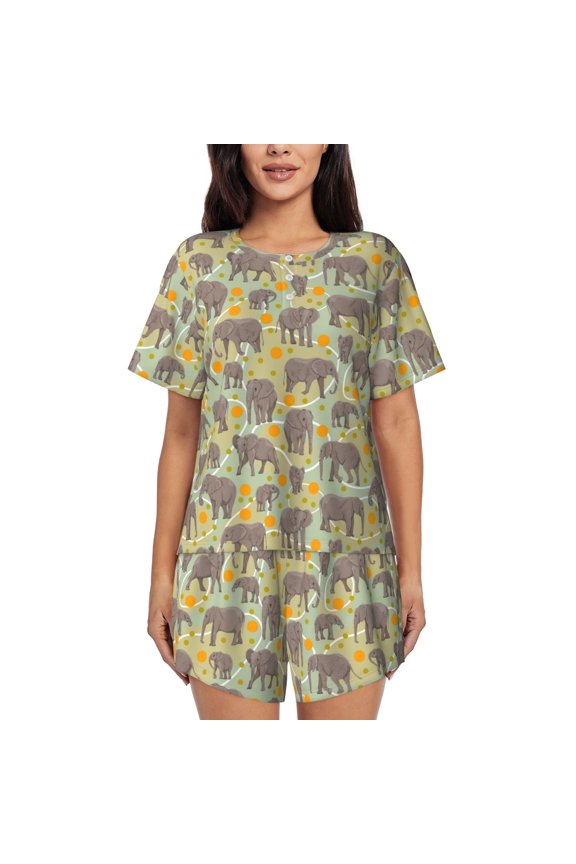 African bush elephant Print Womens Pajamas Set,Short-Sleeve Pajama 2 Piece Sleepwear with Pockets-Medium