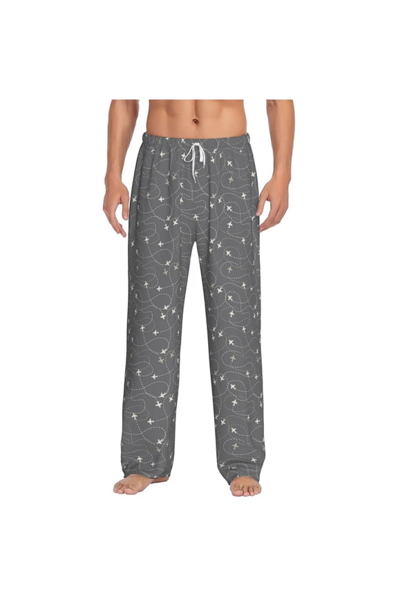 Airplane Routes Around The World Print Pajama Pants for Men,Men’s Pajama Bottoms,Mens PJ Pants with Pockets & Button Fly-X-Large