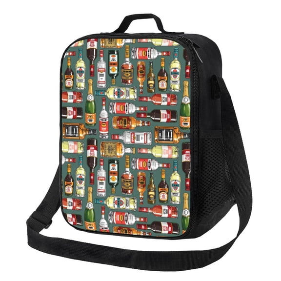 Logiee Alcohol Bottles Print Insulated Lunch Bag for Women/Men, Reusable Lunch Box for Office Work School Picnic Beach,Leakproof Freezable Cooler Bag with Shoulder Strap