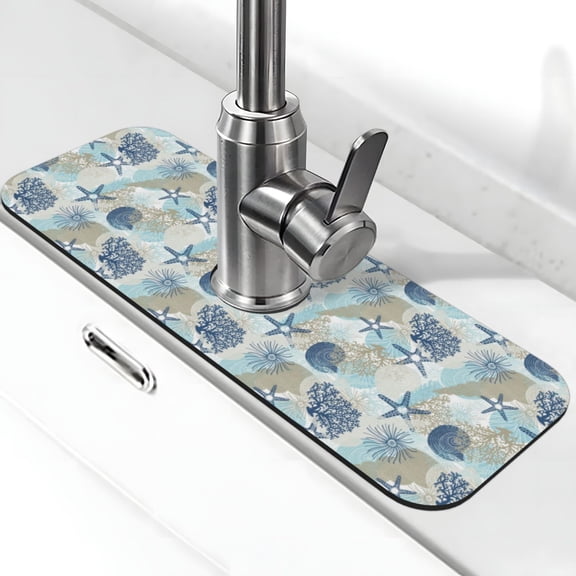 Logiee Algae Corals and Seashells Print Kitchen Sink Splash Guard Faucet Mat for Splash Guard Behind Faucet Drip Catcher for Kitchen,Bathroom,Sink Mat,Dish Drying Mat,Bathroom-15" X 5.5"