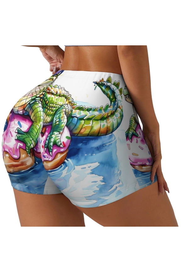 Alligator Donut Pool Float Print Women's Biker Shorts,Workout Gym Shorts,Scrunch Shorts,Tummy Control Hidden Scrunch Running Yoga Shorts-X-Large