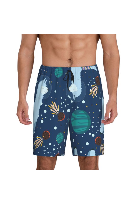 Alpaca Astronaut in Space Print Men's Pajama Shorts with Drawstring & Pockets,Sleep Shorts for Men,Sleepwear Bottoms,Elastic Waistband Loungewear-Medium