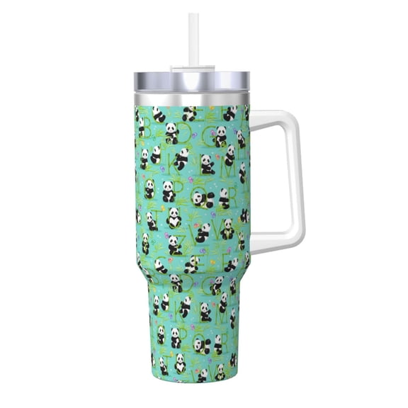 Logiee Alphabet And Panda Print 40OZ Ice Bully Cup with Handle and Straw, Double Wall Stainless Steel Tumbler,Travel Coffee Cup with Lid, Summer Insulation and Cooling Cup