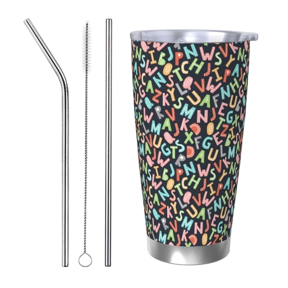Logiee Alphabet Print 20OZ Car Cup with Lid, Stainless Steel Vacuum Insulated Double Wall Travel Tumbler, Durable Insulated Coffee Mug,Thermal Cup with Straw-Straw Three-piece Set