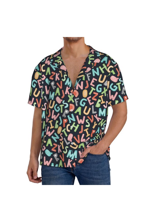 Alphabet Print Men's Button Down Shirts Short Sleeve, Summer Beach Shirts,Vacation Wedding Shirts,Men's Casual Button-Down Shirts with Pocket-Large