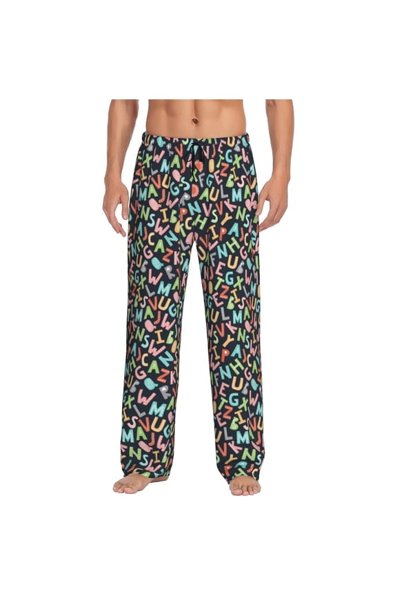 Alphabet Print Pajama Pants for Men,Men’s Pajama Bottoms,Mens PJ Pants with Pockets & Button Fly-3X-Large