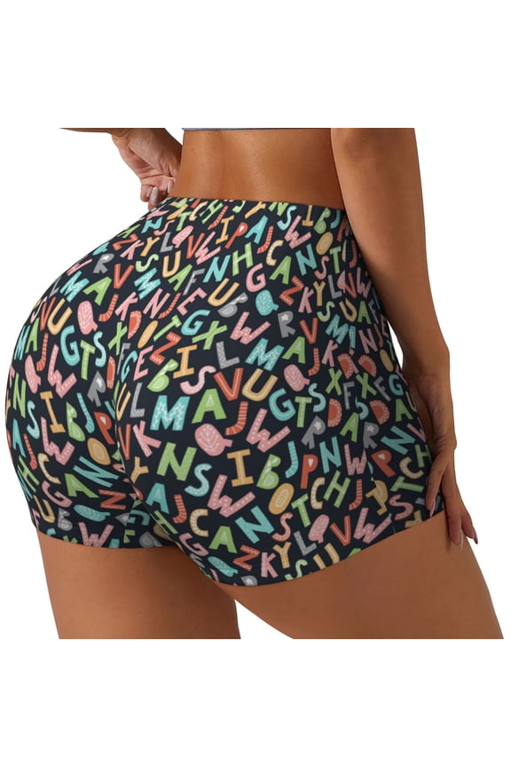 Alphabet Print Women's Biker Shorts,Workout Gym Shorts,Scrunch Shorts,Tummy Control Hidden Scrunch Running Yoga Shorts-XX-Large