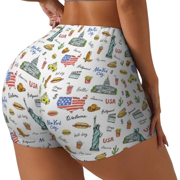 Logiee America Landmarks Print Women's Biker Shorts,Workout Gym Shorts,Scrunch Shorts,Tummy Control Hidden Scrunch Running Yoga Shorts-Medium